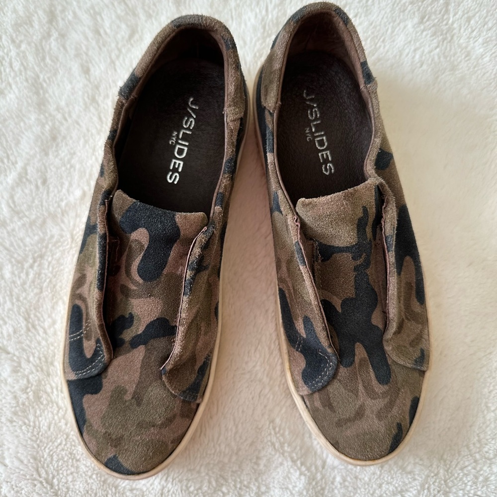J. Slides slip ons. Khaki print. Real suede.